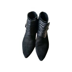 ZARA Womens 7.5  Suede Quilted Leather Ankle Black Pointed Toe Western Booties